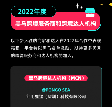  | 红毛猩猩PONGO荣获“2022年度黑马跨境达人机构”称号